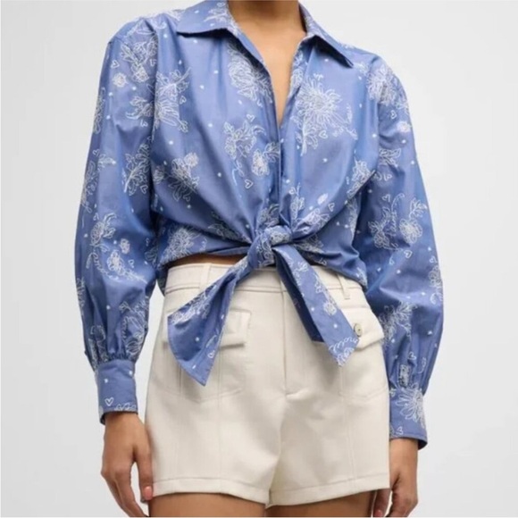 Cinq à Sept Blouse Abrielle Embroidered Blue Chambray Cotton Tie Hem Shirt XS - Picture 2 of 7